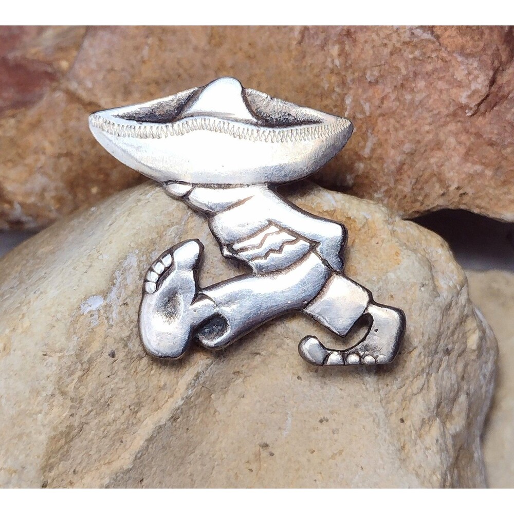 Antique 925 Sterling Silver Mexico Stranger & Sombrero Design Pin Brooch